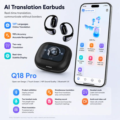 HYUNDAI HY-Q18 Pro Bluetooth Wireless Earbuds with Full-Color Touch Display, Support Translation via Mobile App, Smart Headphones for Music & Calls, Compatible with Android & Ios